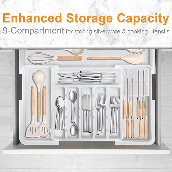 Homecor Silverware Organizer for Kitchen Drawer, Expandable Utensil Drawer Organizer with 2 Knife Block, Flatware and Cutlery Holder, Adjustable Plastic Storage for Spoons Forks Knives
