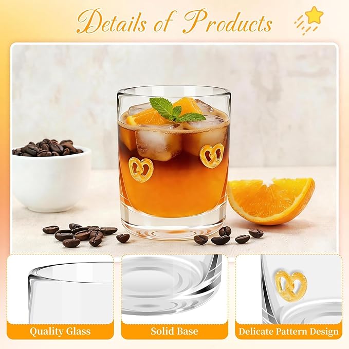 14 Ounce Icon Juice Glasses, Aesthetic Cocktail & Old Fashioned Drinking Glasses, Iconic Clear Glass Cups for Women, Sister, Friend & Party Gifts (Pretzels)