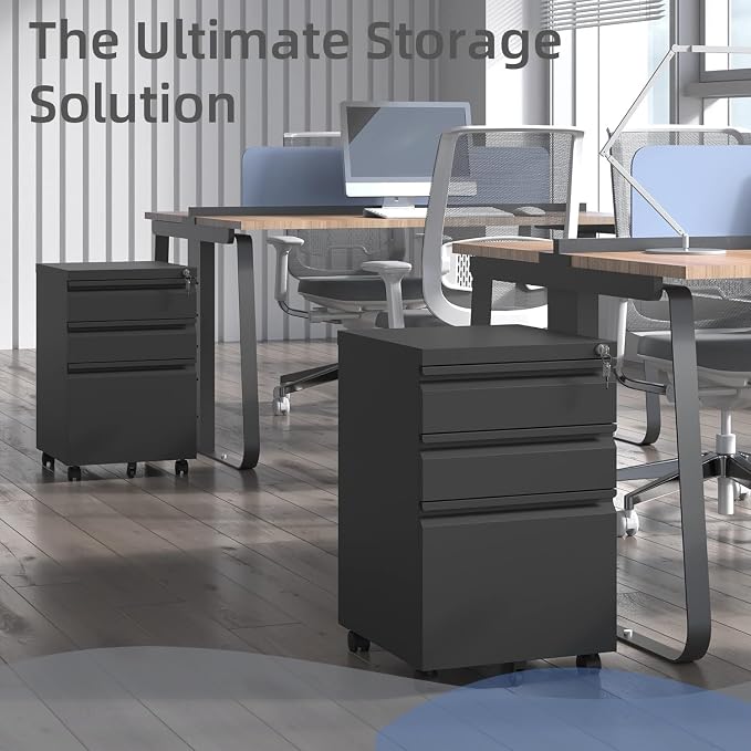 Guizeeopo Filing Cabinets for Home Office, Mobile File Cabinet with Lock, 3 Drawer Filing Cabinet for A4/Letter/Legal Size Folder, Fully Assembled Except Casters, Matte Black