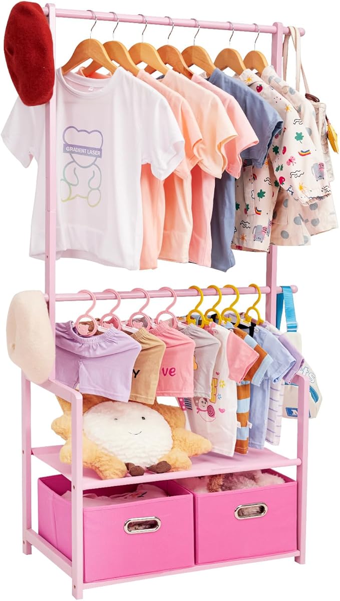 Bamboo Kids Clothing Rack: Holds Up To 121 Lbs of Dress-Up Clothes | 2 Adjustable Hanging Rods & 2 Storage Baskets With Shelf. Child Garment Holder for Playroom & Toddler Bedroom (Pink)