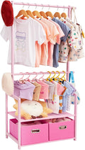 Bamboo Kids Clothing Rack: Holds Up To 121 Lbs of Dress-Up Clothes | 2 Adjustable Hanging Rods & 2 Storage Baskets With Shelf. Child Garment Holder for Playroom & Toddler Bedroom (Pink)