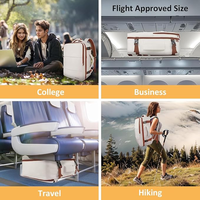 Taygeer Backpack for Women, College Backpack with Laptop Compartment | Travel Laptop Mochila Carry On Luggage with Shoe Pouch, Airline Approved Personal Item Bag For Weekender Hiking, Khaki White