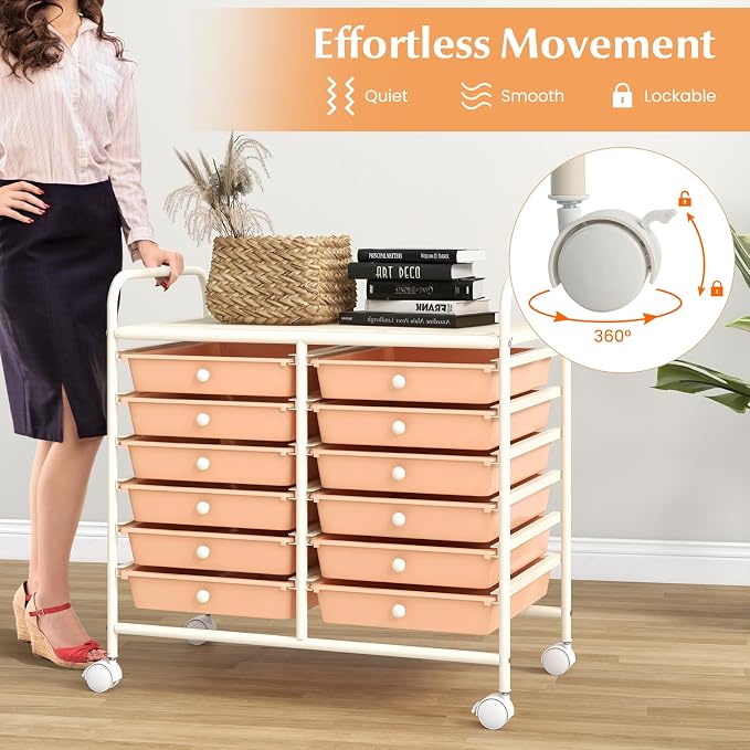 LDAILY 12 Drawer Rolling Storage Cart, Craft Cart Organizer on Wheels w/Metal Frame, Large Capacity & Smooth Drawer, Rolling Cart w/Drawers for Classroom, Office
