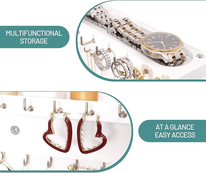 Necklace Holder Organizer Wall Mount,Jewelry Holder Organizer with 30 Hooks,Oak Jewelry Organizer and Storage for Necklaces,Bracelets and Rings (White)