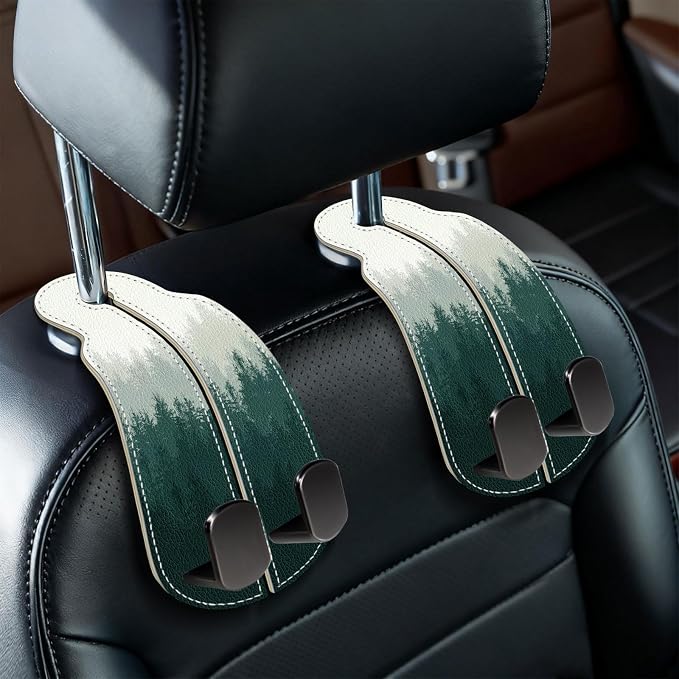 Blusabaca 2PCS Car Seat Headrest Hooks, Purses Bags Holder, Forest Trees | PU Leather, Double Metal Back Storage Hangers for Grocery Bags Handbags Bottles Coats Phones, Car Accessories Organization