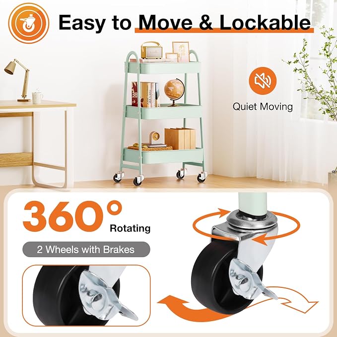 NEWBULIG 3-Tier Metal Rolling Storage Cart, Heavy Duty Mobile Utility Organizer Shelf with Lockable Wheels, Multifunctional Trolley for Daily Supplies, Home Indoor Daily Use, Green