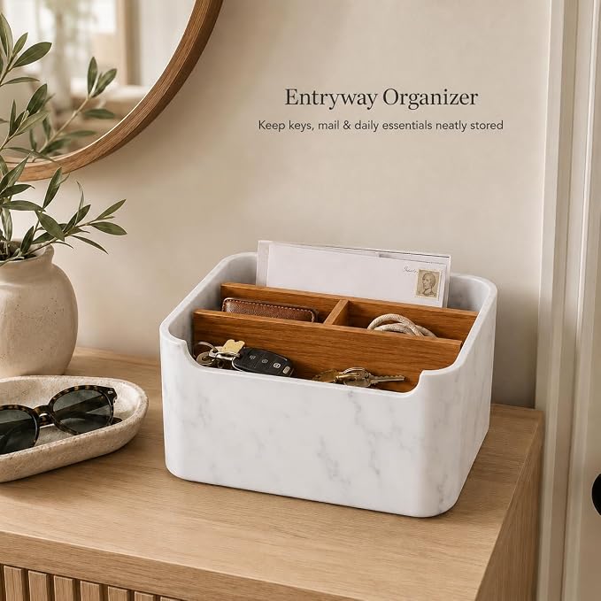 Remote Control Holder, Desk Organizer with Removable Dividers,White | 5-compartment resin and wood organizer holds remotes, pens, glasses, and media devices for desk, coffee table, or nightstand.