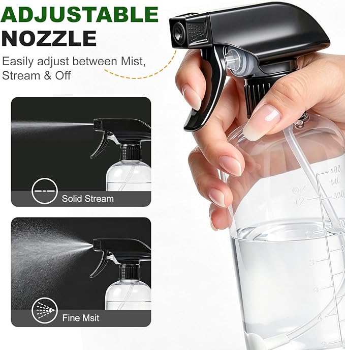 Spray Bottles 16oz 2 pack — 360° Any-Angle Spraying, Mist & Stream Plastic Empty Water Sprayer, with Measurements & Weighted Straw, Leak-Resistant for Cleaning Solutions, Planting, Hair + Funnel