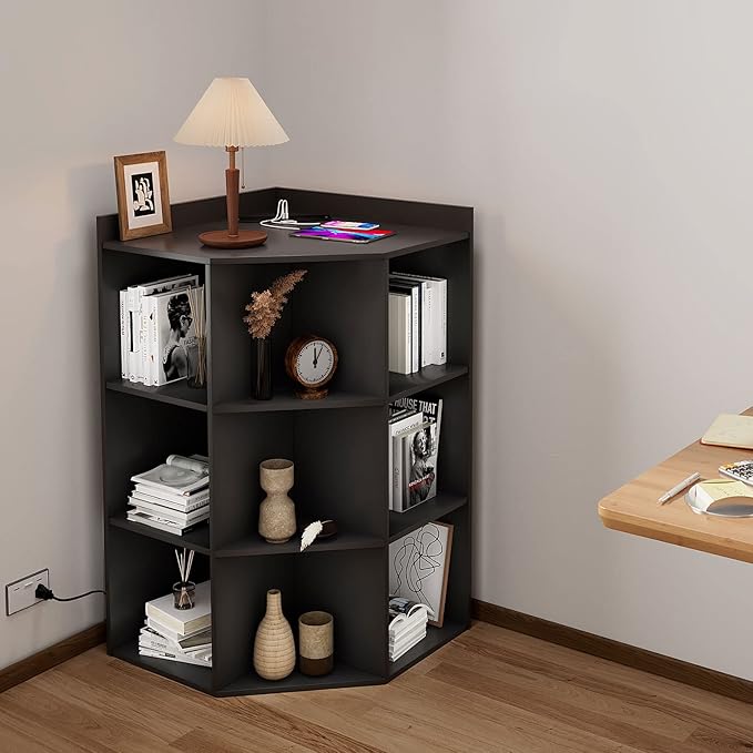 HedoAjim Corner Cabinet, Corner Storage Shelf with USB Ports and Outlets Industrial Organizer for Small Space Wooden 9-Cubby Bookshelf for Study, Playroom, Living Room (Black)