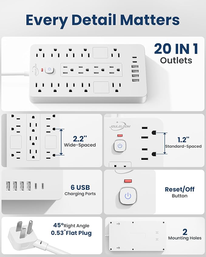 JouleLoom Surge Protector Power Strip-14 Outlets and 6 USB Ports, 6 Feet Flat Plug Extension Cord, 1850 Joules, White, ETL Listed for Home, Office, Dorm Room
