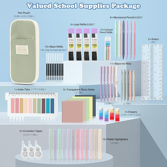 MoKo 60Pcs Aesthetic School Supplies with Cute Pencil Case (Green), 12 Pastel Highlighters, 5 Black Ink Gel Pens, 6 Mechanical Pencil Set 0.5 & 0.7 mm for Students Stationary College Essentials