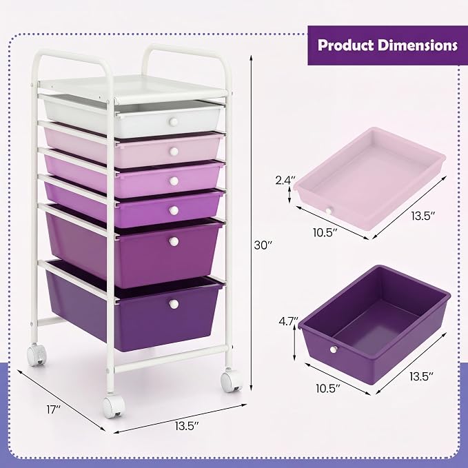 GOFLAME 6-Drawer Rolling Storage Cart, Multifunctional Art Craft Organizer Cart, Mobile Utility Storage Cart with Removable Drawers & Lockable Wheels, Craft Cart for Home Office, Purple Gradient