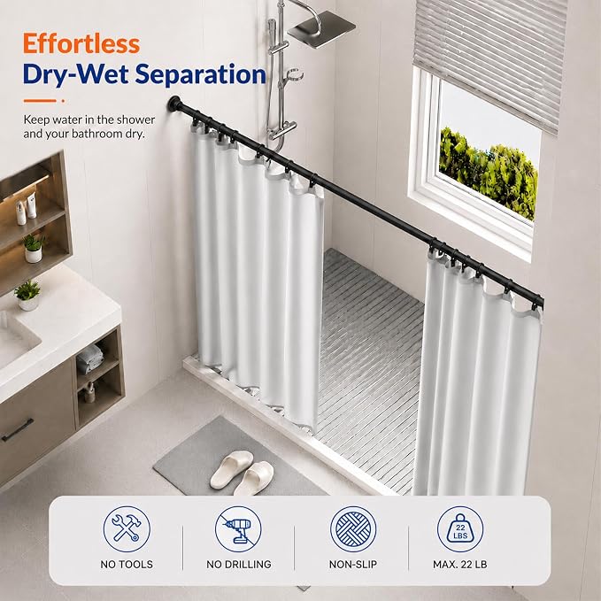 ALLZONE Shower Curtain Rod Spring, 28-42 Inch Heavy Duty Tension Rods No Drilling, Anti-Slip Shower Rods, Adjustable Tension Curtain Rod for Window/Bathroom/Closet, Black