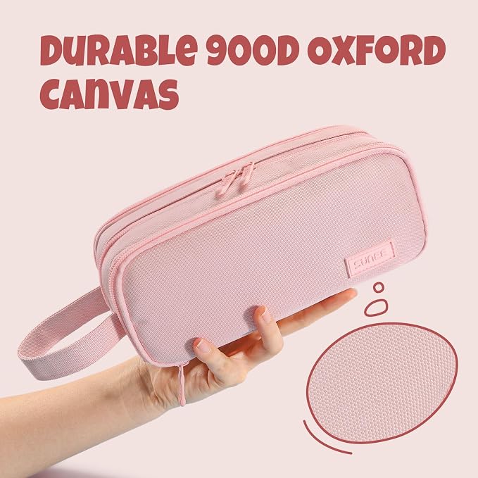 SUNEE Large Capacity Pencil Case with 3 Compartment, Extra Big Pencil Pouch, Pencil Bag with Zipper, Cute High Stationery Organizer, Oxford Pen Box School Supplies for Student Teen Girls Boys, Pink