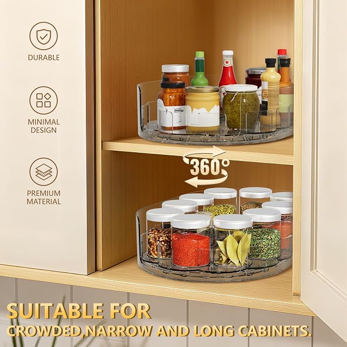 Lazy Susan Organizer for Refrigerator, 13" x 8.5" Clear Rectangular Fridge Organizer Turntable for Condiments, Spice Racks Organizer for Cabinet, Pantry & Kitchen Countertop(2 Piece)