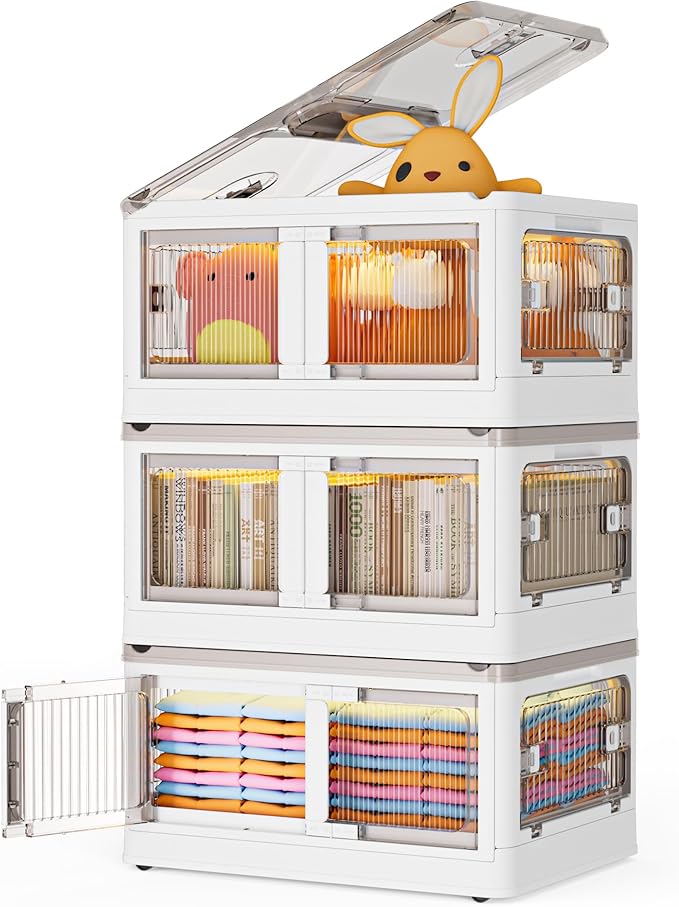 148QT Large Bins Storage with Lids, 36.9 Gal 3 Tier Plastic Stackable Storage Bins with Doors & Wheels, 5-Open Ways Collapsible Storage Bins for Closet Organizers and Storage-Room Office Livingroom