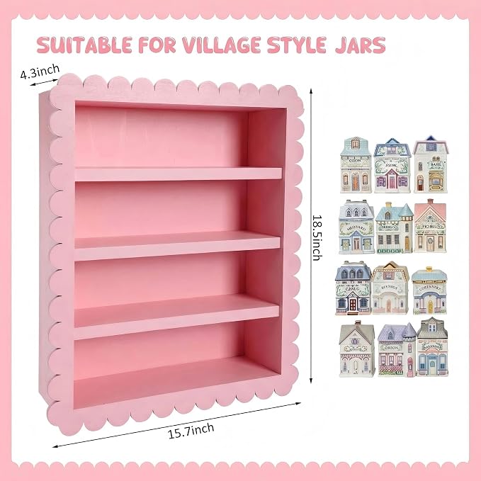 Chunful Spice Jar Wooden Rack Pink Sweet Scalloped Spice Shelf for 24 Jars, Village Style Wall Mounting Kitchen Storage Decorative Hanging Display Rack, Shelf Only(18.5 x 15.7 Inches)
