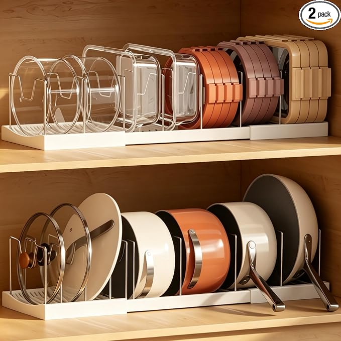 Magheo 2 Pack Pots and Pans Organizer Under Cabinet, Expandable 12.6"-22.8" Kitchen Cabinet Organizer Holder with 10 Adjustable Dividers for Food Storage Container Lid, Cookie Sheet, Cookware(White)