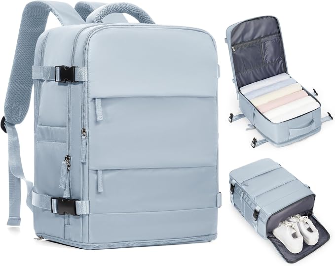 coofay Travel Backpack Carry on Flight Approved Mochila De Viaje Carry on Backpack for Airplanes Spirit Airlines Personal Item Bag 18x14x8 Inches Travel Bag Traveling Backpack for Women Men Grey Blue