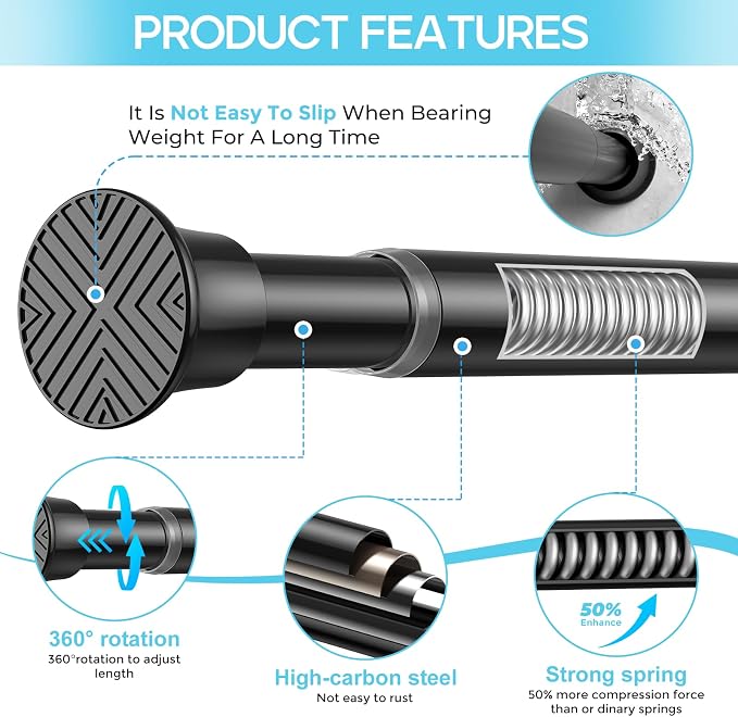 4 Pack Spring Tension Curtain Rod 32-76 inch, Adjustable Expandable Tension Curtain Rod No Drilling, Tension rods for Window Doorway Kitchen Curtain, Black
