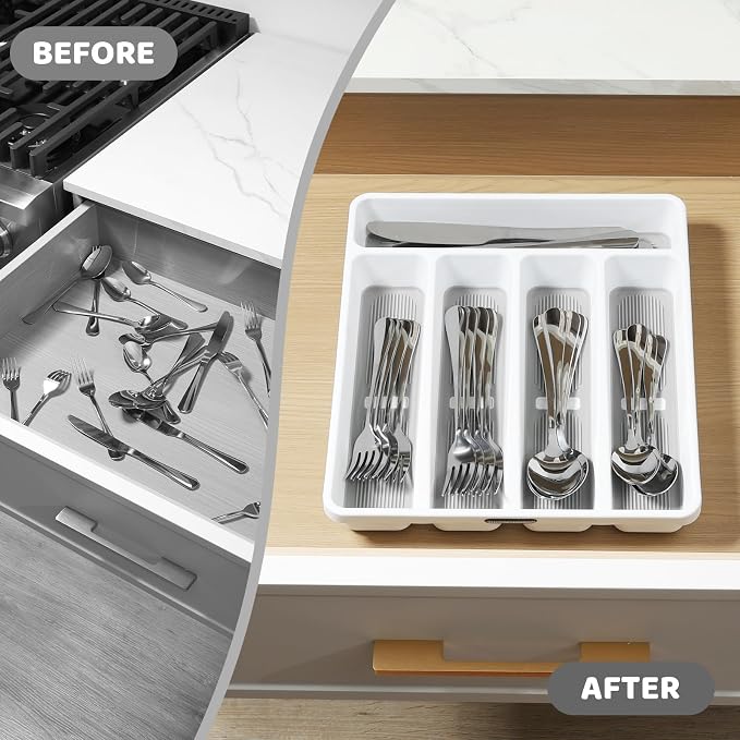 shopwithgreen Silverware Organizer with Cutlery Icons，Silverware Tray for Kitchen Drawer，Plastic Flatware Drawer Organizer Utensil Organizer with Non-slip TPR Linings，5-Compartment Silverware Caddy