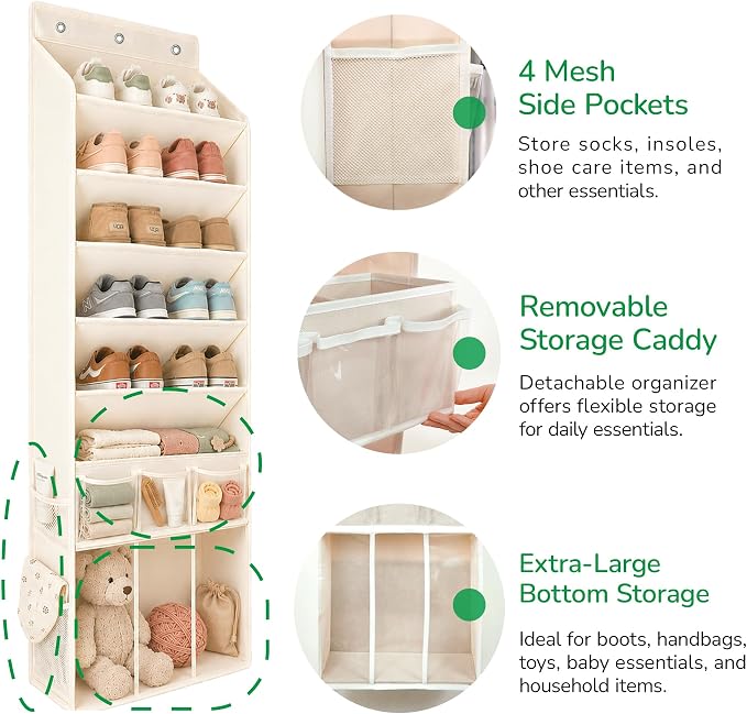 3in1 Over The Door Shoe Organizer with 5 Slanted Compartments,Removable Storage Bin & Transparent Pockets,Thickened Waterproof Oxford Fabric Shoes Rack for Shoes,Boots,Toys,Daily Essentials. (Beige)