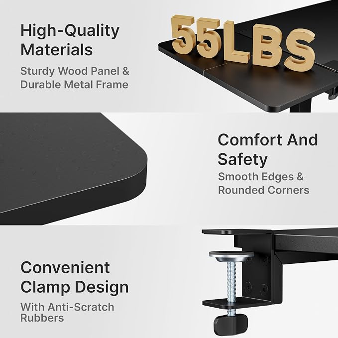 PEGZONE Desk Extender Tray, 24" x 12", with Storage Drawer, Medium, Black | Desk Extension, Clamp on Desk Shelf, Clamp on Keyboard Tray for Office and Home, Workstation Organizer