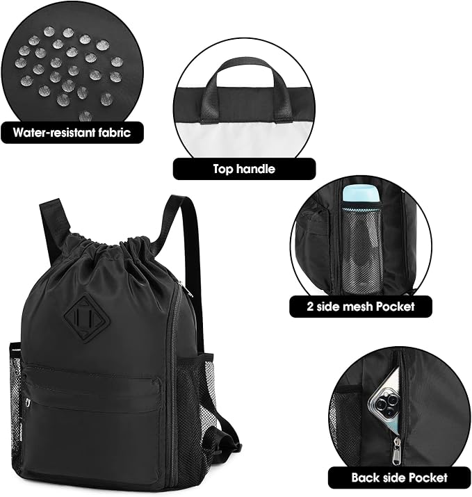 WANDF Drawstring Backpack with Shoe Compartment, Sports Gym Bag | Multi-Pocket Storage, Water-Resistant Fabric, Cinch String Bag