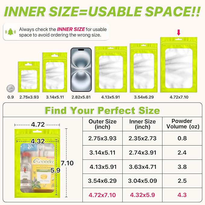 100 PCS Resealable Mylar Bags with Zipper and Frosted Clear Window Smell Proof Packaging Bags Foil Pouch Zipper Bag for Food Self Sealing Storage Supplies (Green, 4.72x7.1)