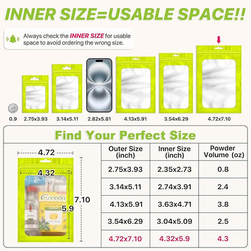 100 PCS Resealable Mylar Bags with Zipper and Frosted Clear Window Smell Proof Packaging Bags Foil Pouch Zipper Bag for Food Self Sealing Storage Supplies (Green, 4.72x7.1)