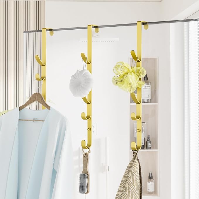 Kaiferty Over The Door Hooks, Metal Door Hooks for Hanging, Over The Door Purse Organizer for Door Coat Hanger, Back of Shower for Hanging Towel Rack Clothes, Hat, Bathroom, Closet (Gold-3Packs)