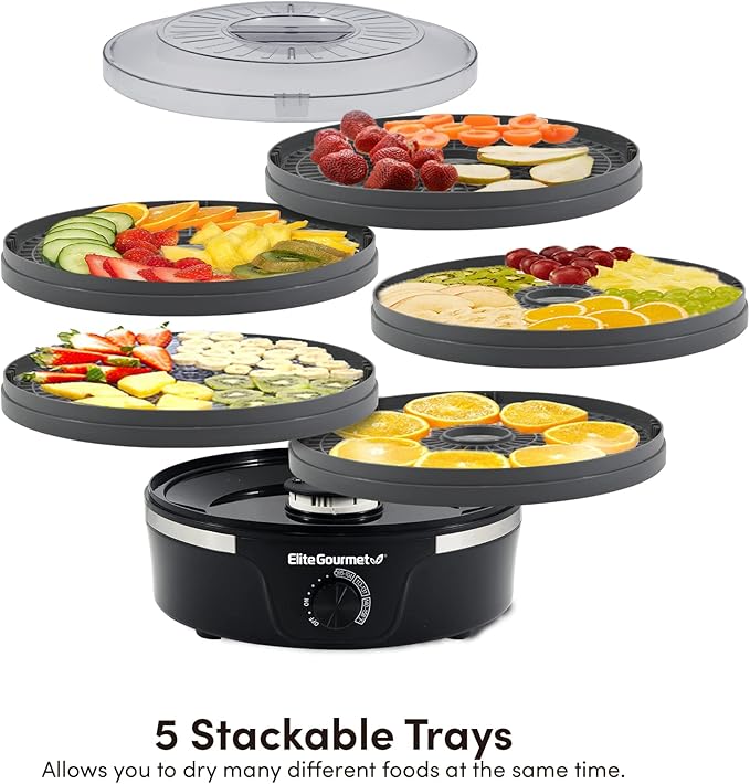 Elite Gourmet EFD319DKG Food Dehydrator, 5 BPA-Free 11.4" Trays Adjustable Temperature Controls, Jerky, Herbs, Fruit, Veggies, Dried Snacks, Black and Grey