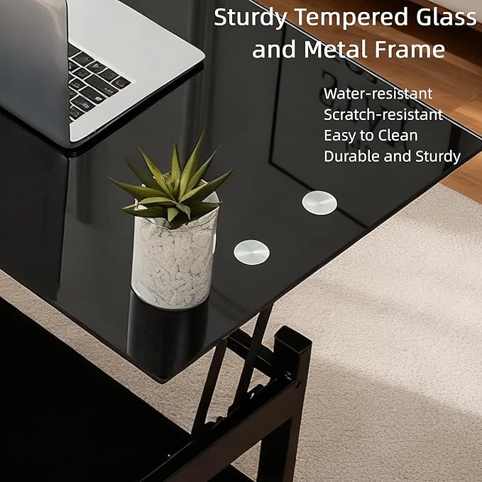 Meihua Lift Top Glass Coffee Table with Storage Compartment and Separated Open Shelves, Lift Tabletop for Living Room Home, Office, Black