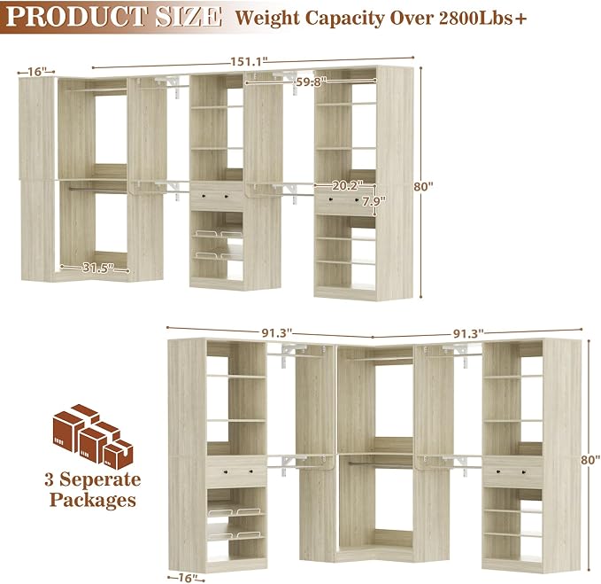 Armocity Closet System Set of 3 - Corner Closet Organizer System with 2 Drawers/16 Shelves/6 Hanging Rods, 151.1" L-Shaped Walk-In Wardrobe Organizer, 2800+ lbs Capacity, White Oak