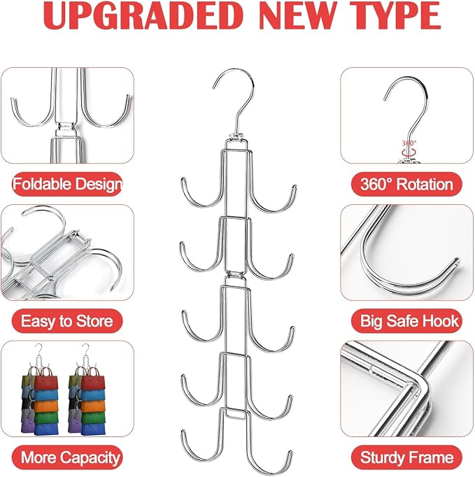 Purse Hanger for Closet, Collapsible Metal Purse Organizer with 20 Big Hooks(2 Pack), 360° Rotation for Better Organizer&Display, Foldable Bag Hangers Space Saving for Handbag, Belt, Scarve, Tie