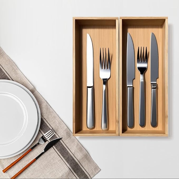 guiogc Silverware Drawer Organizer, Silverware Utensil Tray Holder, Wood Storage Box for Spoons Forks Knives Set of 2 (11.8"x4.92"x1.9") for Small Family Kitchens