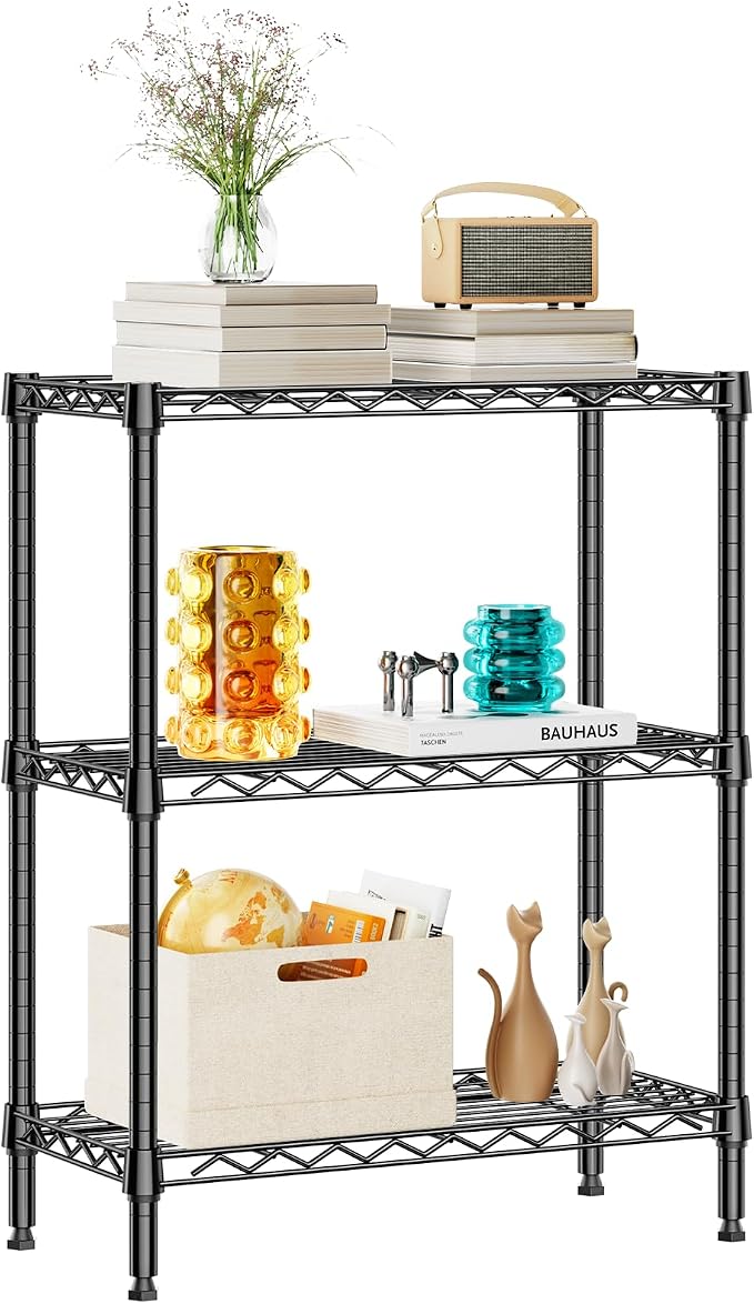 3 Tier Wire Shelving Unit, Small Metal Wire Shelf for Kitchen & Bathroom | 11.8" D X 25.6" W X 31.5" H Adjustable Black Storage Shelf, 750 LBS Shelf Rack Organizer for Bedroom, Office and Small Spaces