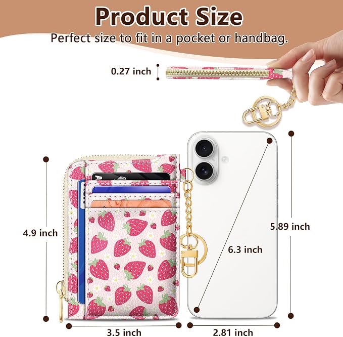 GIANCOMICS Slim Wallet Credit Card Holder Women, Strawberry Rfid Blocking Small Card Case, Keychain Thin Pocket Curved Zipper Wallet, Travel Card Holder PU Leather ID Window, Ladies Female Gifts