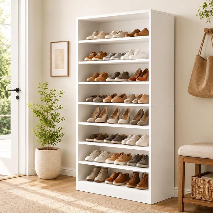 Homieasy 9-Tier Tall Shoe Rack Cabinet for Closet & Entryway, White | Wooden Narrow Shoe Organizer Cabinet with Adjustable Shelves, Freestanding, for Bedroom, Hallway