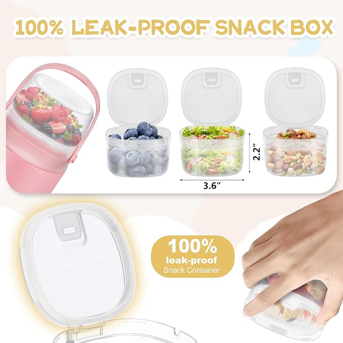 20oz Soup Thermo for Hot Food with a Snack Box Container，Leak Proof Insulated Lunch Container Kids and Adults，Stainless Steel Double Wall Vacuum Wide-mouth Food Jar with Spoon and Handle（Pink）