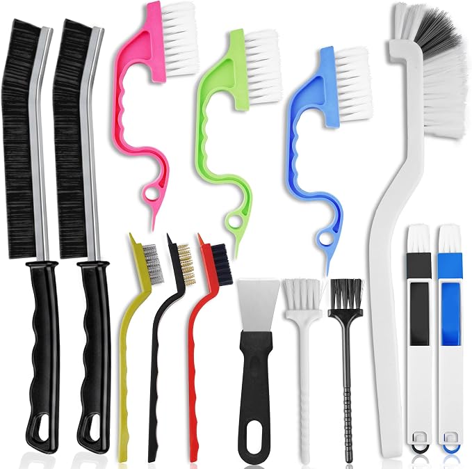 14 Pcs Crevice Cleaning Brush Set – Hard Bristle Cleaning Tools for Grout, Tile Floors, Gaps & Narrow Spaces – Multi-Purpose Grout Scrub Brush for Cleaning Bathroom, Shower, Window Tracks, Kitchen