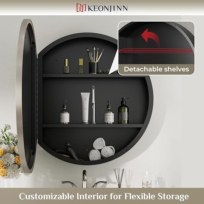 Keonjinn 24" x 24" Round Medicine Cabinet Mirror, Brushed Nickel Mirror Medicine Cabinet Wall Mounted, Circular Medicine Cabinets with Mirrors, Circle Framed Vanity Mirror with Storage