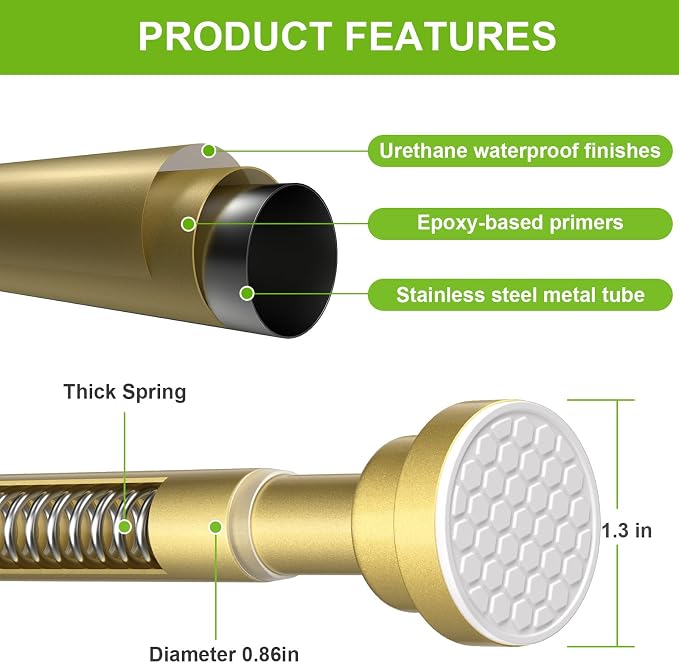 Tension Curtain Rod 30-64 Inch Curtain Rods No Drilling Gold Tension Spring Rod Adjustable Curtain Rod Expandable Shower Pressure Tension for Windows Closet Doorway