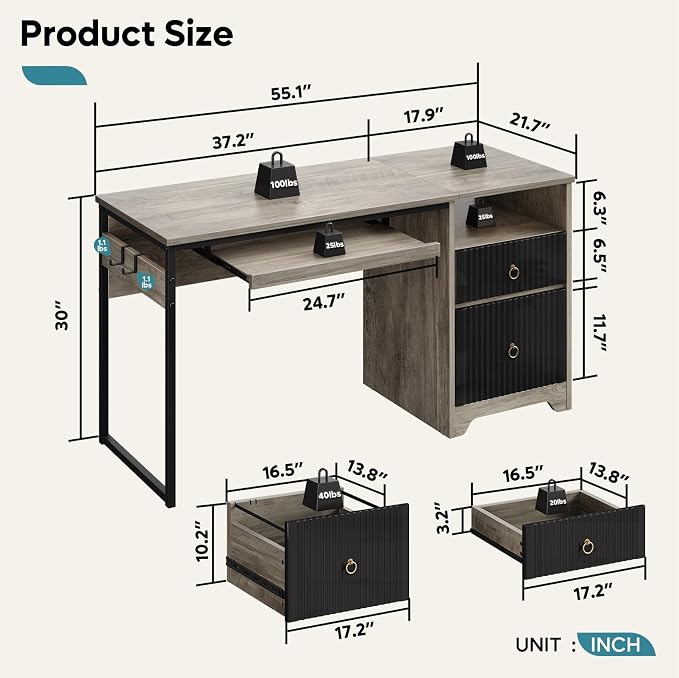 Bestier 55Inch Modern Fluted Desk with Drawers & Keyboard Tray, Grey | 55 X 22 In Work Surface, File Drawer, Reversible Pedestal, Fluted Panels And Keyboard Tray For Home Office Storage.