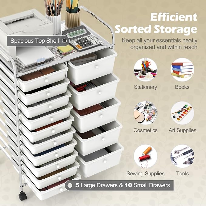 DREAMADE 15-Drawer Rolling Storage Cart, Mobile Craft Cart, White | Utility Organizer with Lockable Wheels, Removable Plastic Drawers and Metal Frame for Home Office, Classroom and Studio