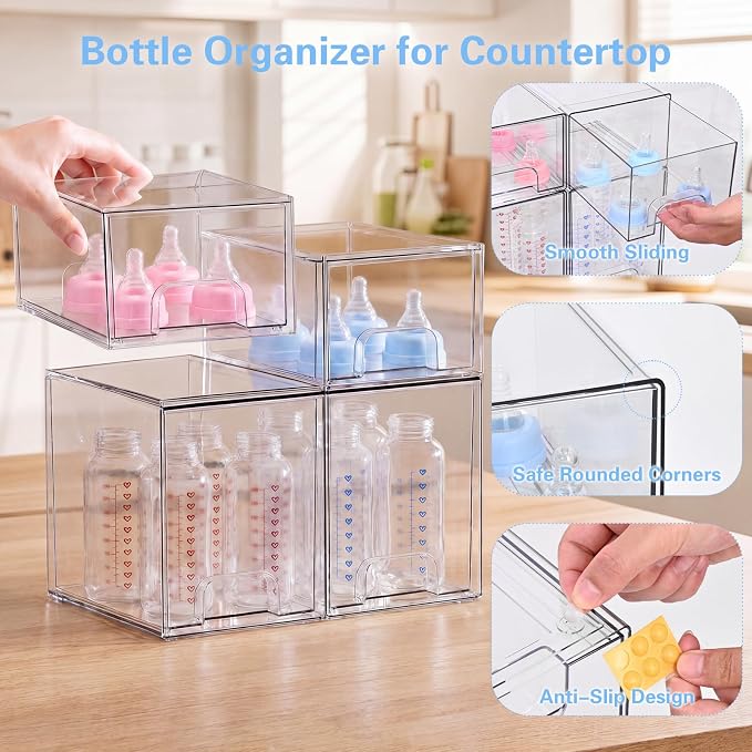 Baby Bottle Organizer, 4 Pack Clear Acrylic Stackable Storage Drawers, Baby Bottle Storage Organizer for Countertop, Nursery, Vanity & Cabinet
