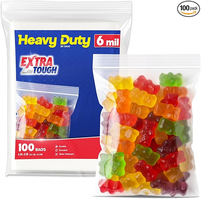 Heavy Duty Zip Seal Lock Snack Bag, Resealable Plastic Storage Bags, 6 Mil Thick Zip Top Baggies for Jewelry, Candy, 4x6 Inch, Pack 100