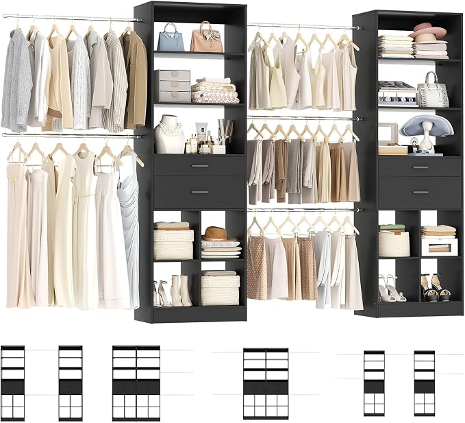 Besiost Closet System, 7.4ft-10ft with 4 Wooden Drawers and 5 Hanging Rods, Can Fit 88 to 123 inch Walk-in Closet System, Black