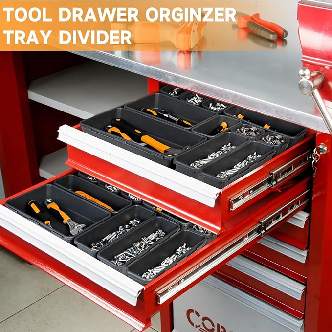 Tool Box Organizer Tray, 60 PCS & 5 Sizes, Black | Durable ABS Plastic Toolbox Desk Drawer Organizer, Interlocking Design, Toolbox Organization Storage for Rolling Tool Chest