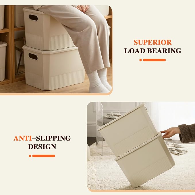 ANMINY 8PCS Plastic Storage Bins Containers with Lids, Large Storage Organization Bins Boxes, Lidded Plastic Storage Baskets for Closet Shelves Desktop, Ivory Lids, 1XL + 1L + 2M + 4S